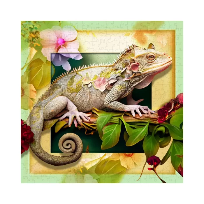 Medinė delionė Chameleonas ir gėlės