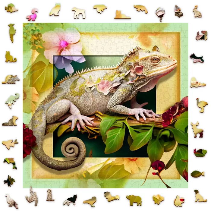 Medinė delionė Chameleonas ir gėlės