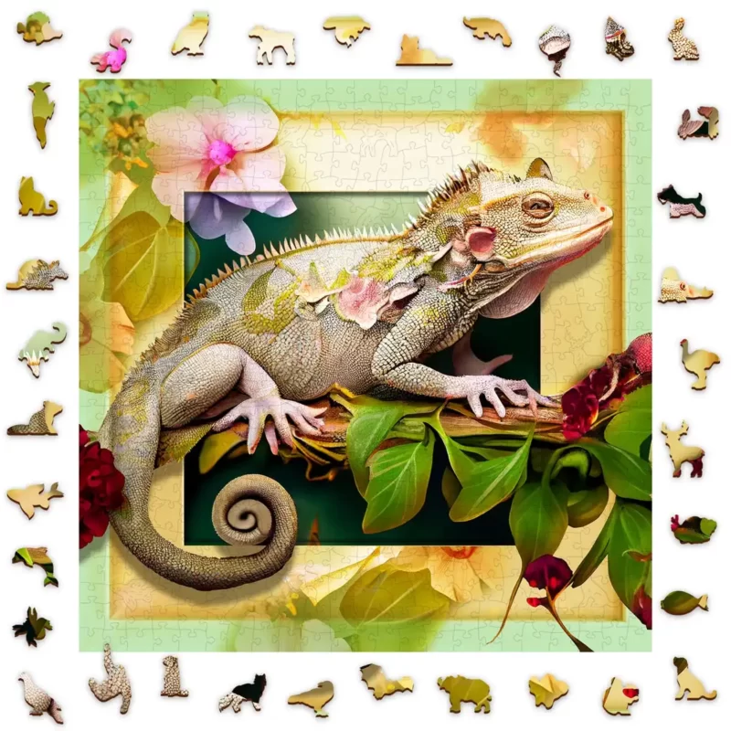 Medinė delionė Chameleonas ir gėlės
