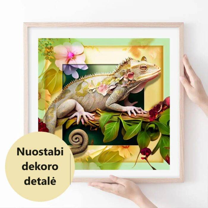 Medinė delionė Chameleonas ir gėlės