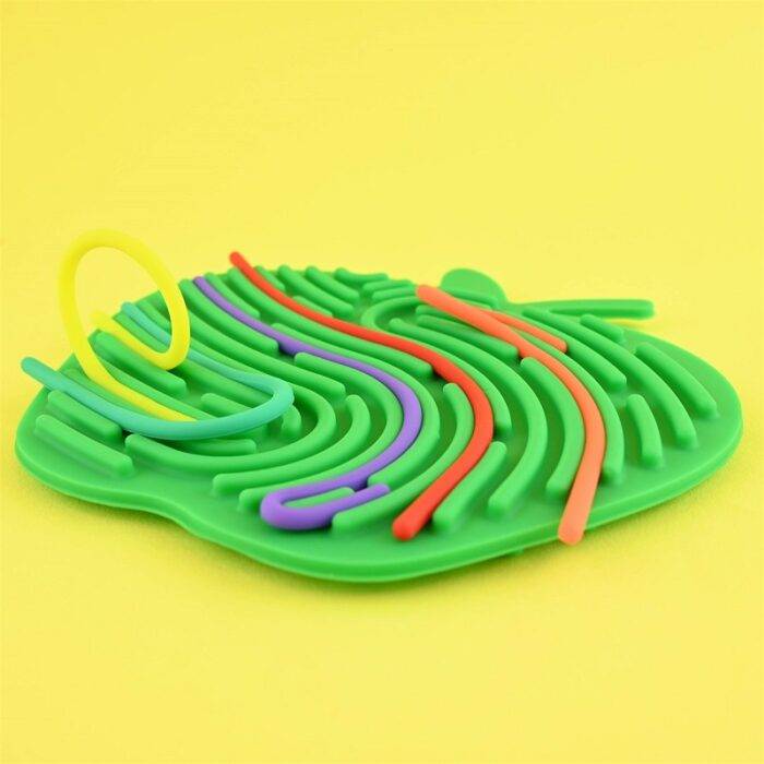 a green toy with colorful linesSilikoninė sensorinė užsiėmimų lentutė Obuolys 17cm