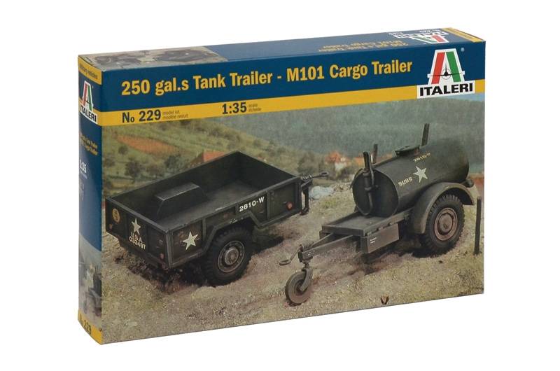 8001283002295 2 Klijuojamas plastikinis modelis American 250 galons Tank Trailer and M101 Cargo Trailer ITALERI 1/35