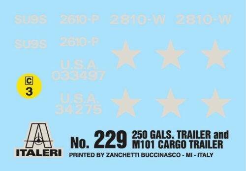 Klijuojamas plastikinis modelis American 250 galons Tank Trailer and M101 Cargo Trailer ITALERI 1/35