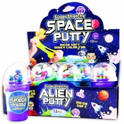 Slime su žaisliuku Kosmosas 12 skirtingų spalvų ir žaisliukų. Parenkami atsitiktine tvarka